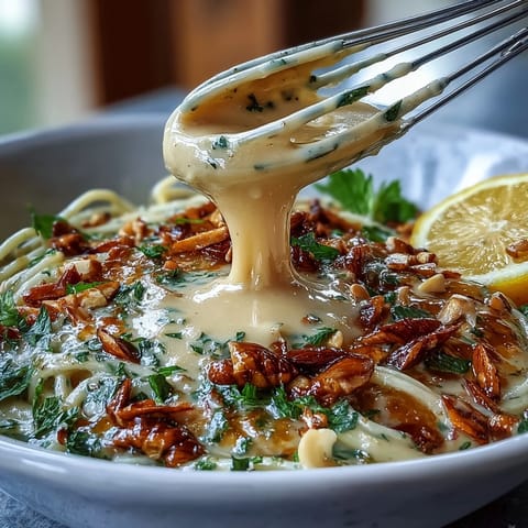 Creamy tahini dressing with lemon and garlic, drizzled over fresh greens in a vibrant salad bowl.  
