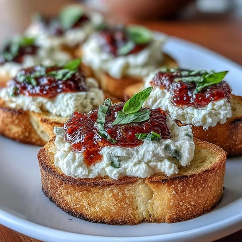 Tangy goat cheese spread on golden bruschetta, finished with vibrant chili jam and fresh basil leaves.  