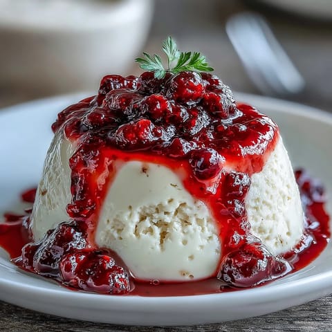 Creamy Italian custard dessert featuring aromatic cardamom, served chilled with a luscious homemade berry sauce and edible flowers.