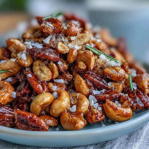 Golden baked Salted Honey & Peanut Snack Mix with roasted nuts and seeds, glistening in honey glaze and sprinkled with flaky sea salt.  