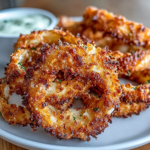 Crunchy panko-coated onion rings paired with zesty homemade garlic aioli, perfect for game day or parties.  