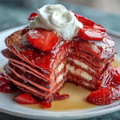 Fluffy pink pancakes with beetroot, served with a luscious strawberry compote and fresh berries for a festive Galentine's brunch.
