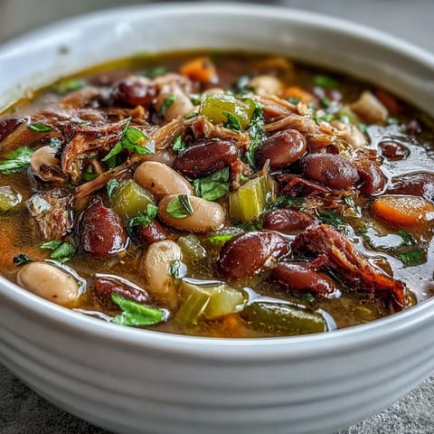 A steaming bowl of 15-bean soup with smoky ham bone, packed with tender legumes and savory vegetables.  