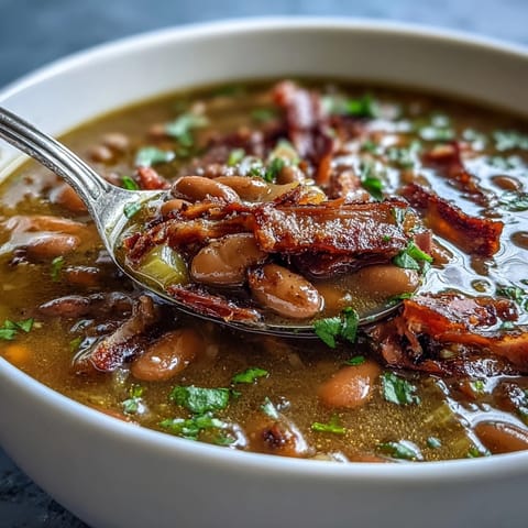 Slow-cooked 15-bean soup with ham bone, rich broth, and hearty chunks of smoky meat in every spoonful.  