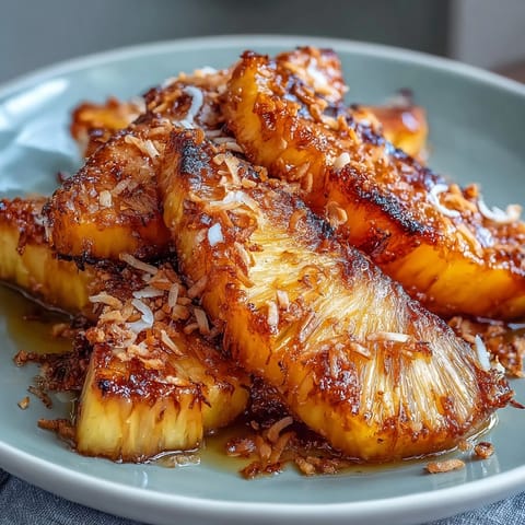 Golden roasted pineapple wedges glazed with honey and lime, topped with crunchy toasted coconut for a tropical dessert treat.