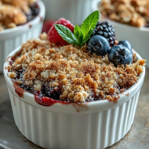 A warm berry crumble with golden oat topping, showcasing bubbling mixed berries in a rustic ramekin.