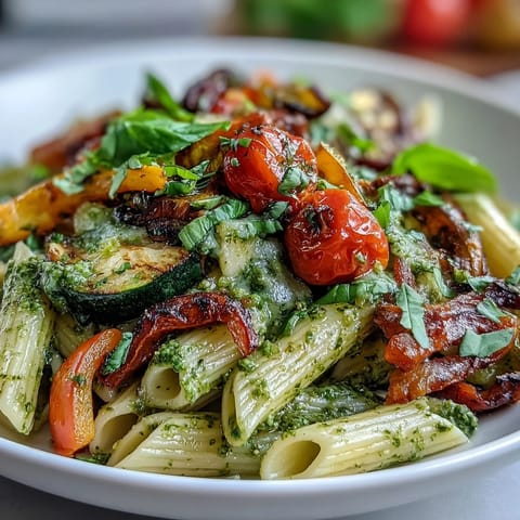 Vibrant roasted veggie and pesto pasta with cherry tomatoes, golden vegetables tossed in fragrant basil pesto and served hot.  