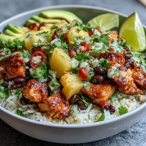 Vibrant chicken pineapple taco bowls with coconut rice, topped with fresh pineapple salsa and avocado slices.  