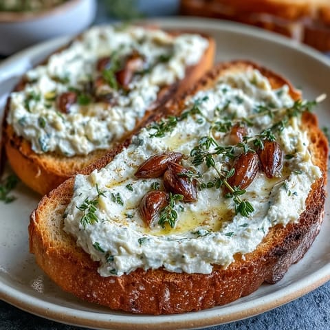 Smooth white bean spread with sweet roasted garlic, slathered on golden sourdough toast for a savory vegetarian appetizer.  