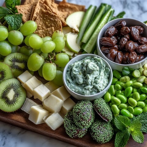 Festive green snack board featuring fresh kiwi, cucumber, and snap peas for a vibrant St. Patrick's Day celebration.  