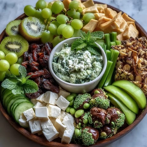 Delightful St. Patrick's Day treats board with guacamole, green grapes, and mint chocolate candies arranged for easy sharing.  