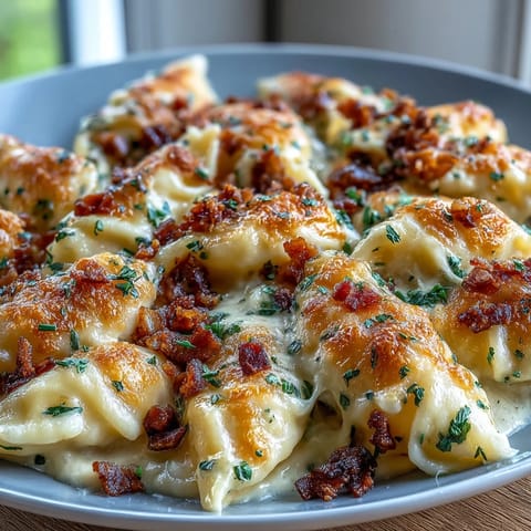 Comfort Food Mac and Cheese Bake with Bacon Crumbs, golden and bubbling, features creamy macaroni under a crispy, smoky bacon crumb topping.