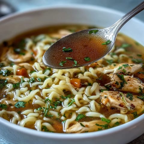 Hearty one-pot chicken noodle soup with tender chicken, fresh vegetables, and egg noodles in a savory broth, perfect for cozy dinners.  