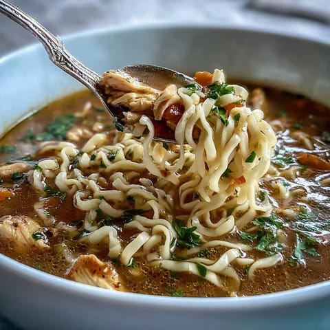 Warm, comforting bowl of Chicken Run One-Pot Chicken Noodle Soup with colorful veggies and soft noodles, ideal for chilly evenings.  