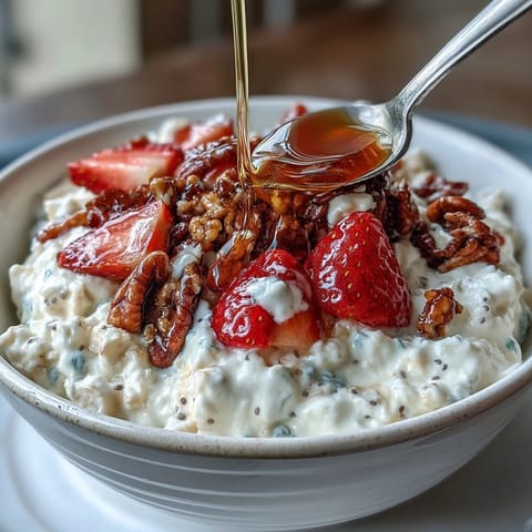 Creamy cottage cheese breakfast bowl topped with fresh strawberries and crunchy granola for a vibrant morning treat.