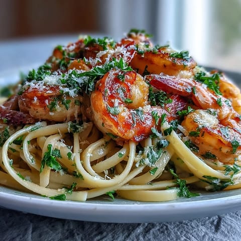 Spring dinner party dish featuring al dente pasta tossed in a light garlic-lemon sauce with succulent shrimp and a sprinkle of Parmesan.  
