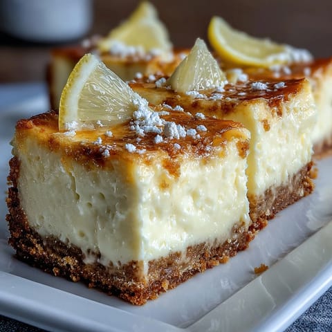 Zesty limoncello cheesecake bars with creamy lemon filling on a buttery graham cracker crust, perfect for summer dessert trays.