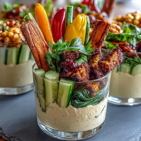 Portable snack cups with creamy hummus and crisp fresh vegetables for easy, healthy munching on the go.