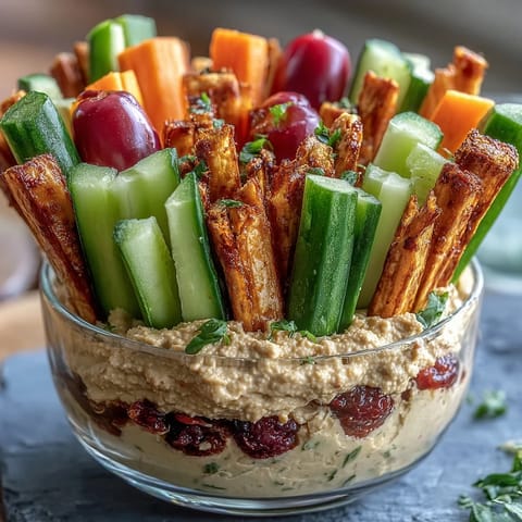 Vibrant snack cups layered with smooth hummus and crunchy veggie sticks—perfect for picnics, road trips, or lunchboxes.