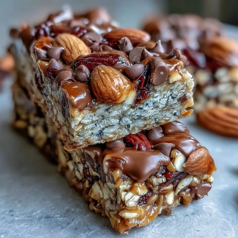 Homemade no-bake granola energy bars with oats, nuts, and dried fruit in a square pan.