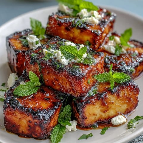 Grilled watermelon salad with feta and mint, featuring smoky-sweet melon, creamy cheese, and fresh herbs on a platter.