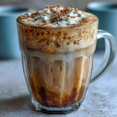 Warm dandelion tea latte with oat milk and honey in a cozy mug, steam rising gently with a sprinkle of cinnamon on top.