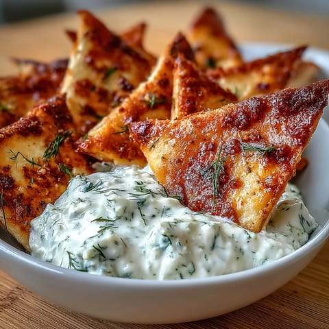 Homemade pita chips with tzatziki: golden, crispy triangles paired with cool, creamy cucumber-yogurt dip.