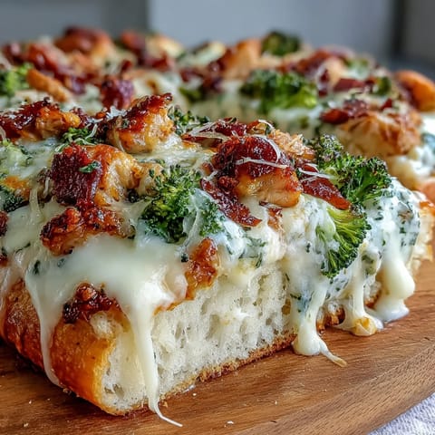 Golden-brown thin-crust Garlic Parmesan Chicken & Broccoli Pizza with melted mozzarella and fresh parsley.