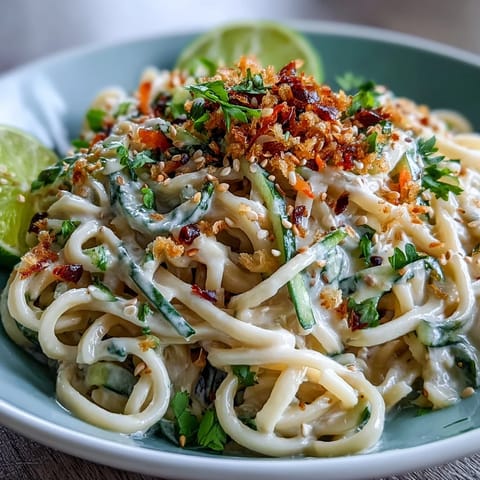 Chilled sesame noodle bowl with crisp cucumber and colorful vegetables, topped with sesame seeds and fresh herbs.  