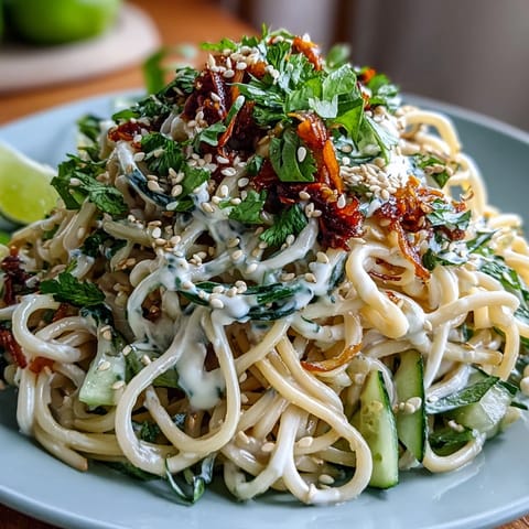 Creamy sesame sauce coats cold noodles, garnished with julienned cucumber, carrots, and spring onions for a refreshing summer dish.  