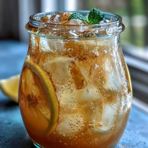 Sparkling Fermented Lemonade in a clear glass pitcher, showcasing natural bubbles and a golden hue with fresh mint garnish.  