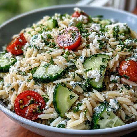 Fresh orzo salad with cucumber, feta, and lemon dressing in a white bowl.