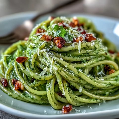 Creamy avocado pesto pasta with fresh basil and pine nuts, a no-cook sauce for quick, healthy meals.  