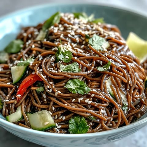 Cold soba noodle salad with sesame ginger dressing, featuring vibrant julienned vegetables and a tangy, aromatic sauce.