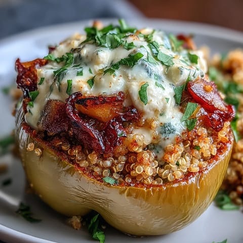 1. Vibrant quinoa stuffed bell peppers with roasted vegetables, creamy goat cheese, and fresh herbs, baked until tender and golden.  