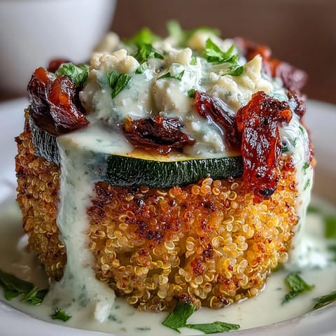 2. Healthy and colorful bell peppers filled with quinoa, zucchini, tomatoes, and melted goat cheese, perfect for a vegetarian dinner.  