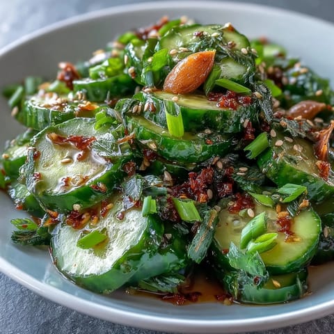 A vibrant smashed cucumber salad with garlic, chili oil, and sesame dressing, garnished with sesame seeds and scallions.