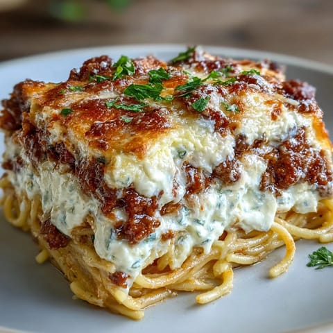 Creamy baked Million Dollar Spaghetti with layers of rich meat sauce, Alfredo, and melted mozzarella in a golden casserole.  