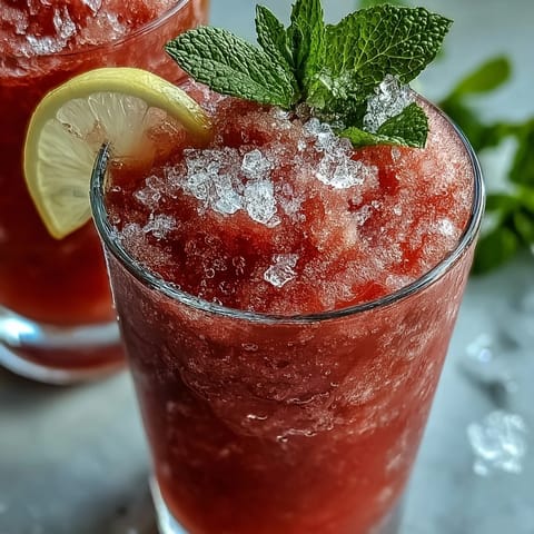 Frozen Watermelon Lemonade Slushie: vibrant summer drink, sweet watermelon, tangy lemon, no sugar.
