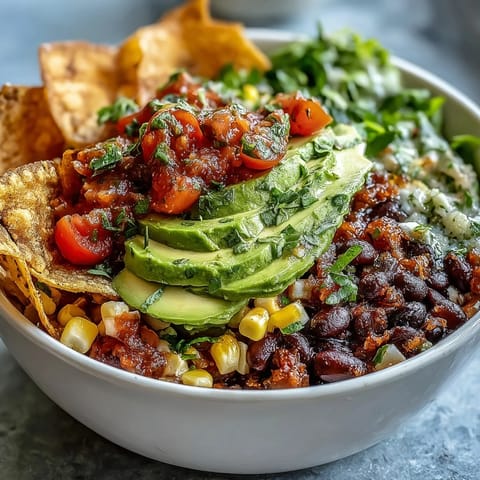 Delectable plant-based taco bowl topped with creamy avocado and fresh salsa.