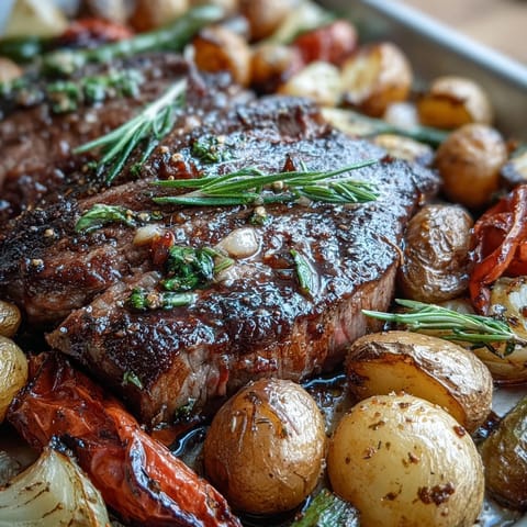 Golden roasted potatoes and tender steak for an easy Father's Day sheet pan dinner.