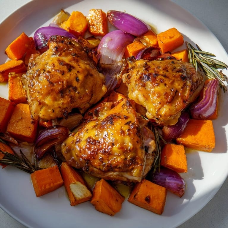 Honey-Glazed Chicken with Roasted Root Vegetables: Crispy skin, sweet glaze, and earthy vegetables.