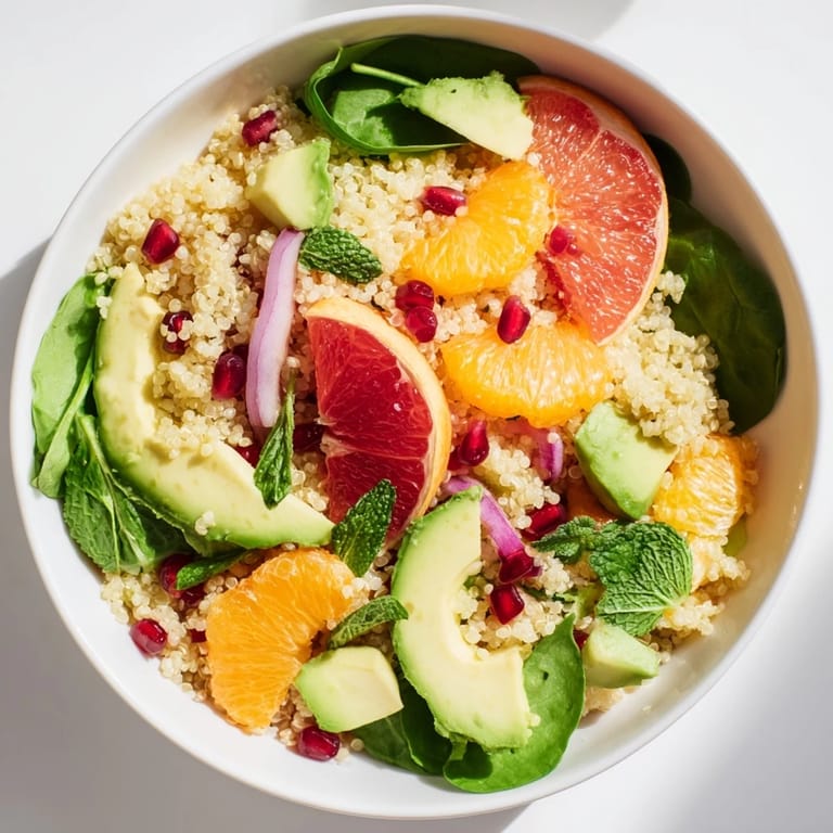 A colorful Fresh Citrus & Avocado Quinoa Bowl features quinoa, juicy citrus, and a vibrant green herb garnish.