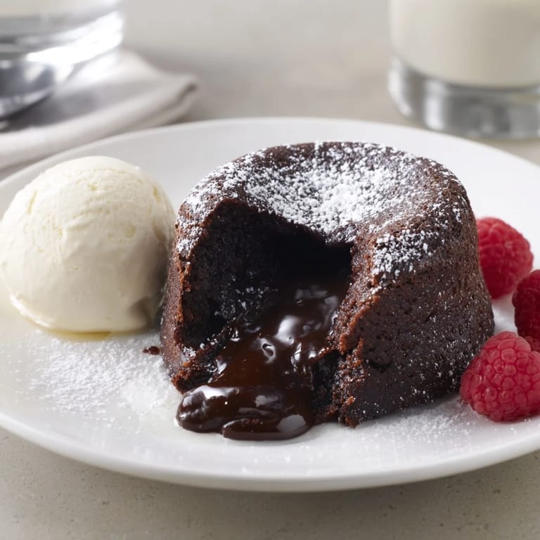 A decadent dark chocolate lava cake, served with a scoop of vanilla ice cream—a sweet treat.