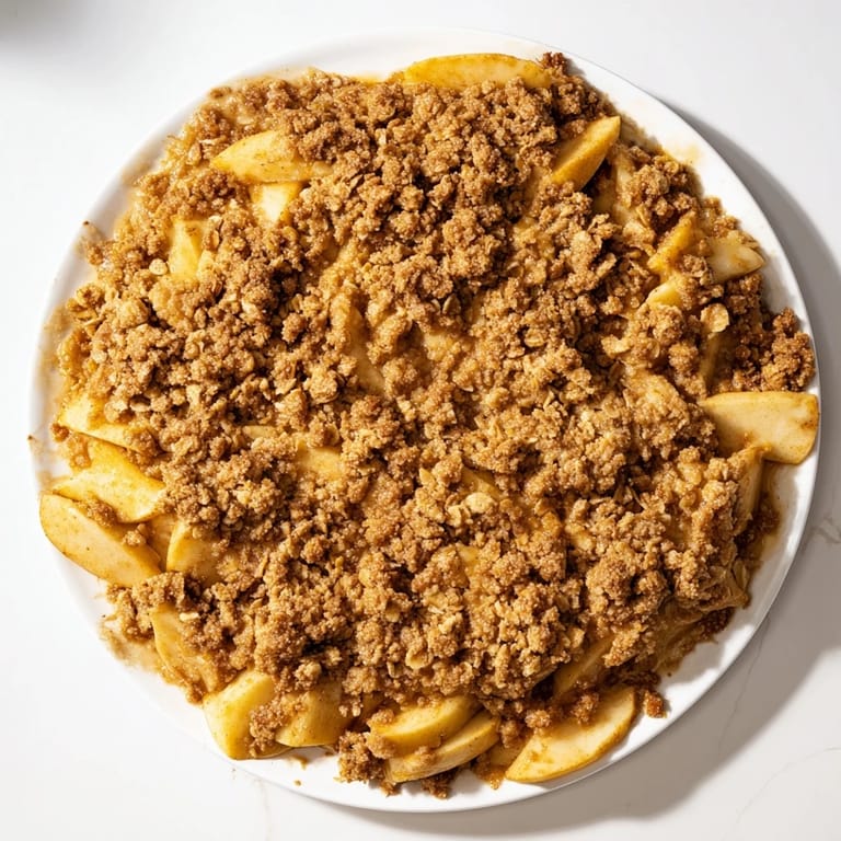 Freshly baked Warm Rustic Apple and Cinnamon Crumble, featuring a crisp, buttery topping and tender, spiced apples.