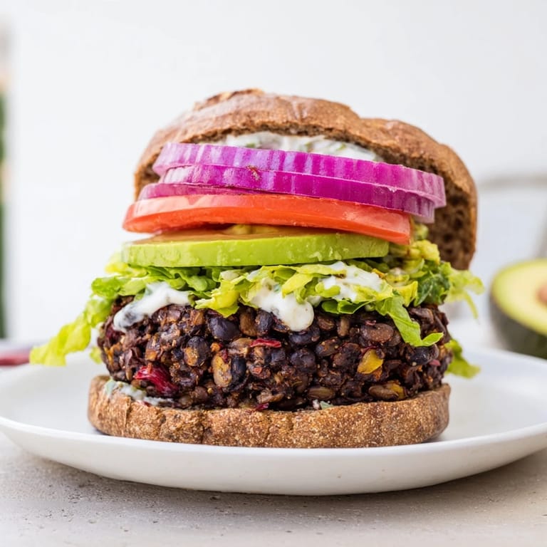 A vibrant plate showcases a delicious zesty black bean burger, perfect with creamy avocado slices.