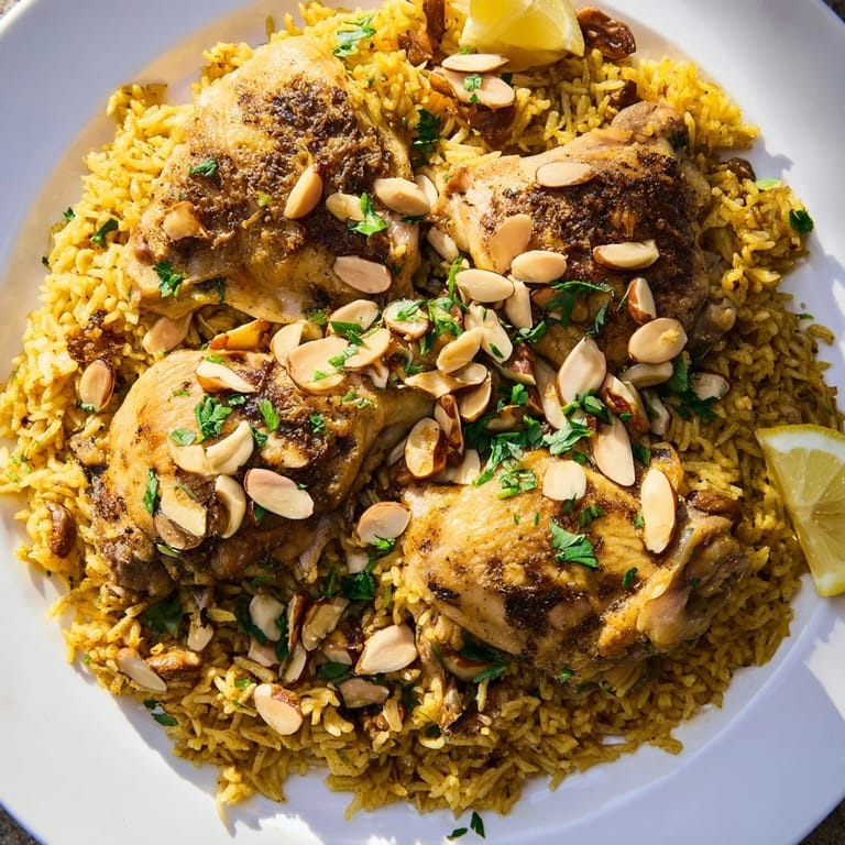 Savory saffron chicken and rice pilaf, topped with toasted almonds and herbs, ready to serve.