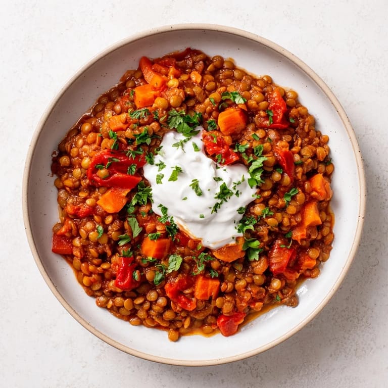 Colorful, hearty Wheat-Warm Hearty Lentil Curry, a vegetarian dish with wheat berries and warming spices.