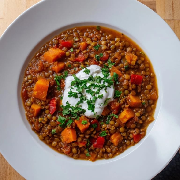 A close-up of a rustic Wheat-Warm Hearty Lentil Curry, the perfect cozy meal for a cool evening.