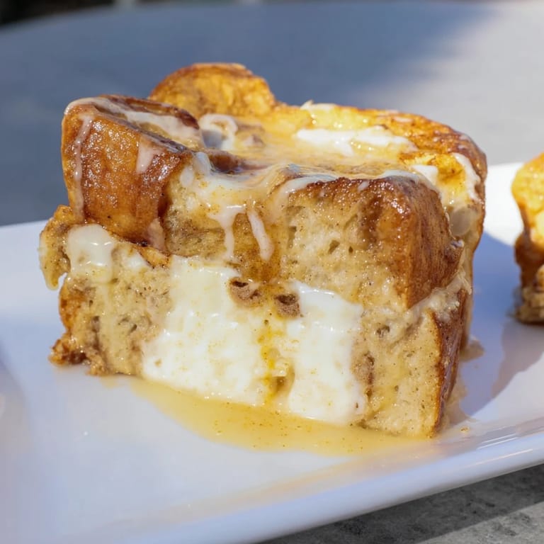 Steaming-hot Soft Spice Baked French Toast Casserole, topped with a sweet glaze and fresh berries.